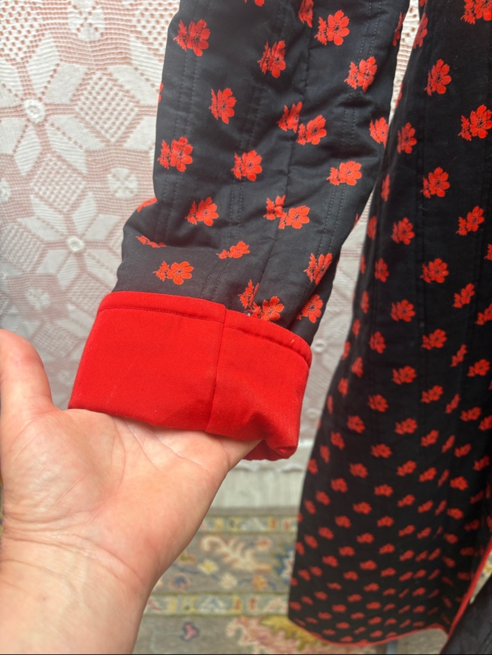 Vintage Black & Red Floral Quilted Duster Robe – Gothic Prairie - Picture 5 of 13